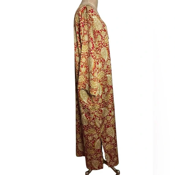 Natori Georgette Zip Front Caftan Kimono Red Gold Paisley Comfort — Large - Picture 5 of 12